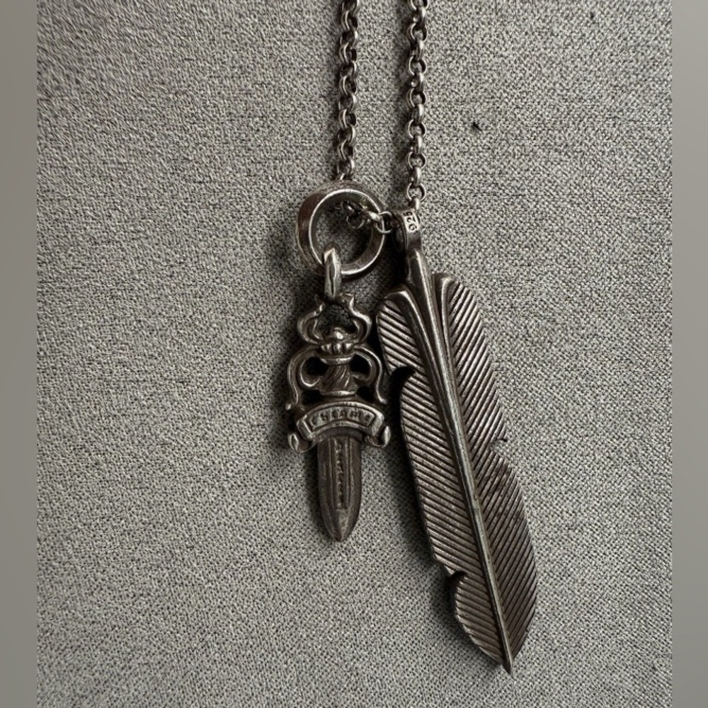 Chrome Hearts .925 Silver No. 5 Dagger Pendant With Feather And Roll Chain
